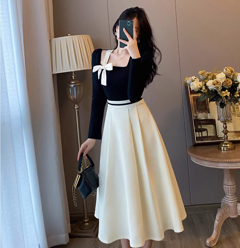 프랑스식 레트로 작은 샤넬 스타일 광장 칼라 여성 드레스 2026 봄 드레스 그는 벤 바람 고급 센스 품격 하이웨이스트 길다 치마