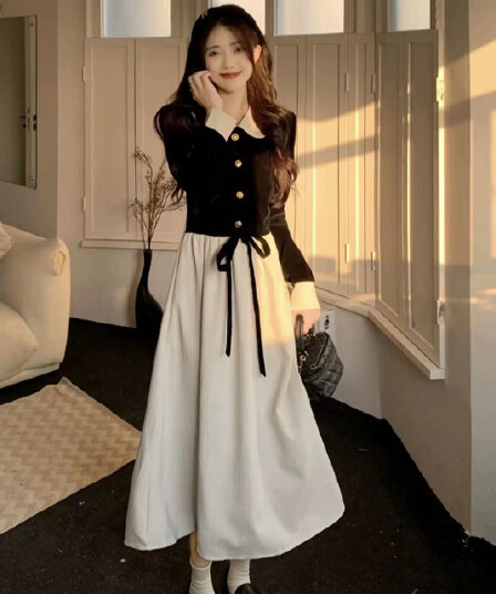프랑스식 레트로 작은 샤넬 스타일 광장 칼라 여성 드레스 2026 봄 드레스 그는 벤 바람 고급 센스 품격 하이웨이스트 길다 치마