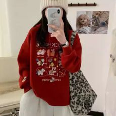 批发新年款马到成功红色重工刺绣连帽加绒<b class='q'>卫衣</b>女秋冬宽松<b class='q'>男</b>女情侣外套