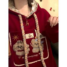 批发口袋毛绒狗连帽<b class='q'>卫衣</b>女秋冬氛围感红色格子拼接小众学院风宽松外套