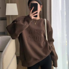 批发美式加绒oversize无帽长袖上衣女秋冬季chic港风复古贴布字母