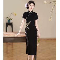 批发大码女装新中式黑色提花盘扣<b class='q'>连衣裙</b>女夏季新款高级感气质修身显瘦