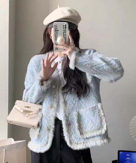 작은 샤넬 스타일 패션 재킷 여성 의류 가을 모방 수달 털 다용도 털 니트 스웨터 달콤함 싱글 줄 버튼