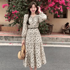 批发欧美春季法式休闲设计女神英伦风印花长裙灯笼袖黑腰带显瘦<b class='q'>连衣裙</b>