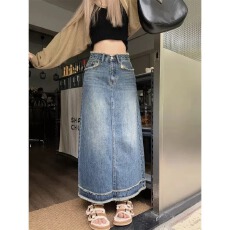 批发里央定制~牛仔裙女半身裙中长款2025年高腰显瘦毛边a字包臀裙春装