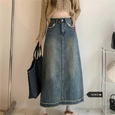 批发里央定制~牛仔裙女半身裙中长款2025年高腰显瘦毛边a字包臀裙春装