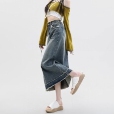 批发里央定制~牛仔裙女半身裙中长款2025年高腰显瘦毛边a字包臀裙春装