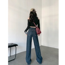 批发美式高街深蓝牛仔弯刀裤男款2024秋冬窄版直筒微喇裤<b class='q'>修身</b>显瘦裤子