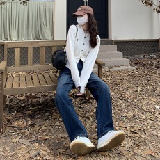 批发美式高街深蓝牛仔弯刀裤男款2024秋冬窄版直筒微喇裤修身显瘦裤子