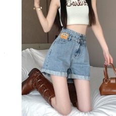 批发灰色高腰<b class='q'>牛仔</b><b class='q'>短裤</b>女夏季薄款2025年新款宽松显瘦a字卷<b class='q'>边</b>超短热裤