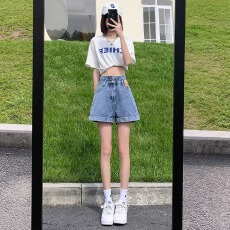 批发灰色高腰<b class='q'>牛仔</b><b class='q'>短裤</b>女夏季薄款2025年新款宽松显瘦a字卷<b class='q'>边</b>超短热裤