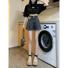 批发灰色高腰<b class='q'>牛仔</b><b class='q'>短裤</b>女夏季薄款2025年新款宽松显瘦a字卷<b class='q'>边</b>超短热裤