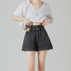 批发灰色高腰<b class='q'>牛仔</b><b class='q'>短裤</b>女夏季薄款2025年新款宽松显瘦a字卷<b class='q'>边</b>超短热裤