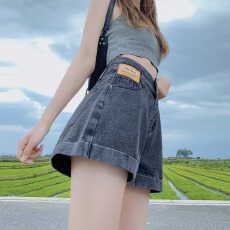 批发灰色高腰<b class='q'>牛仔</b><b class='q'>短裤</b>女夏季薄款2025年新款宽松显瘦a字卷<b class='q'>边</b>超短热裤