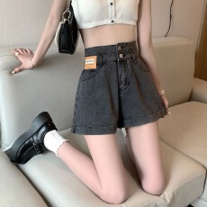 批发灰色高腰<b class='q'>牛仔</b><b class='q'>短裤</b>女夏季薄款2025年新款宽松显瘦a字卷<b class='q'>边</b>超短热裤