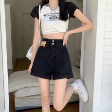 批发灰色高腰<b class='q'>牛仔</b><b class='q'>短裤</b>女夏季薄款2025年新款宽松显瘦a字卷<b class='q'>边</b>超短热裤
