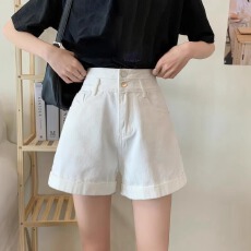 批发两粒扣超高腰<b class='q'>牛仔</b><b class='q'>短裤</b>女2025夏新款显瘦韩版阔腿<b class='q'>卷</b><b class='q'>边</b>a字热裤子潮
