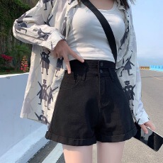 批发两粒扣超高腰<b class='q'>牛仔</b><b class='q'>短裤</b>女2025夏新款显瘦韩版阔腿<b class='q'>卷</b><b class='q'>边</b>a字热裤子潮