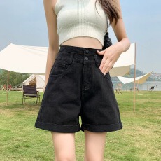 批发两粒扣超高腰<b class='q'>牛仔</b><b class='q'>短裤</b>女2025夏新款显瘦韩版阔腿<b class='q'>卷</b><b class='q'>边</b>a字热裤子潮