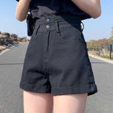 批发两粒扣超高腰<b class='q'>牛仔</b><b class='q'>短裤</b>女2025夏新款显瘦韩版阔腿<b class='q'>卷</b><b class='q'>边</b>a字热裤子潮