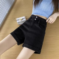 批发两粒扣超高腰<b class='q'>牛仔</b><b class='q'>短裤</b>女2025夏新款显瘦韩版阔腿<b class='q'>卷</b><b class='q'>边</b>a字热裤子潮