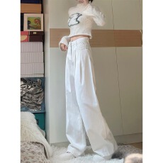 批发白色窄版阔腿牛仔裤女2025新款百搭褶皱设计宽松小众高腰直筒裤子