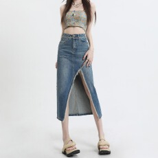 批发水泥灰高腰复古微喇牛仔裤女<b class='q'>春</b>秋新款修身显瘦弹力辣妹马蹄拖地裤