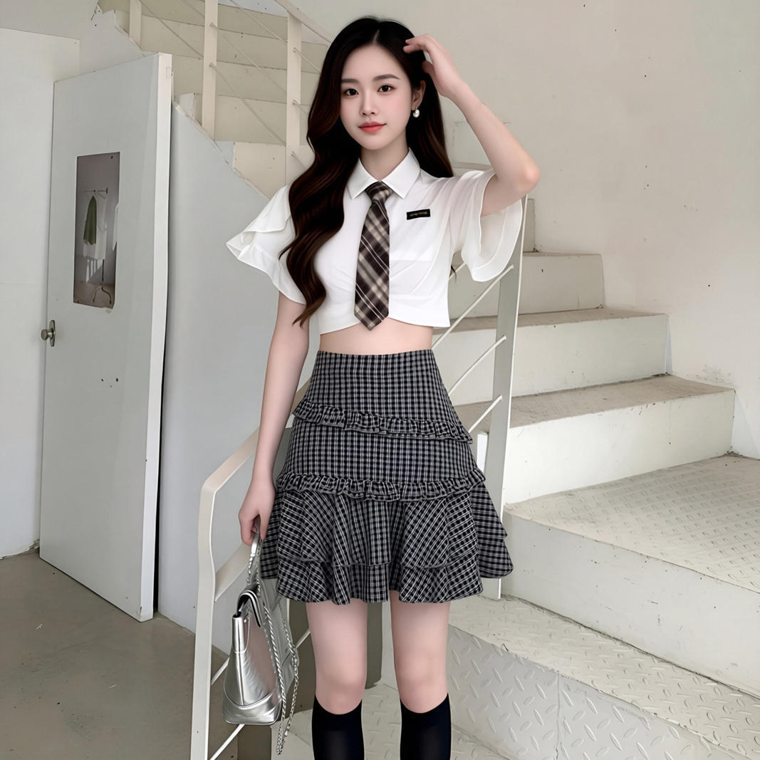 빅 사이즈 지방 mm 달콤함 고급 센스 체크무늬 프릴 반신 스커트 여성 봄 새로운 하이웨이스트 Chic 케이크 미니 스커트