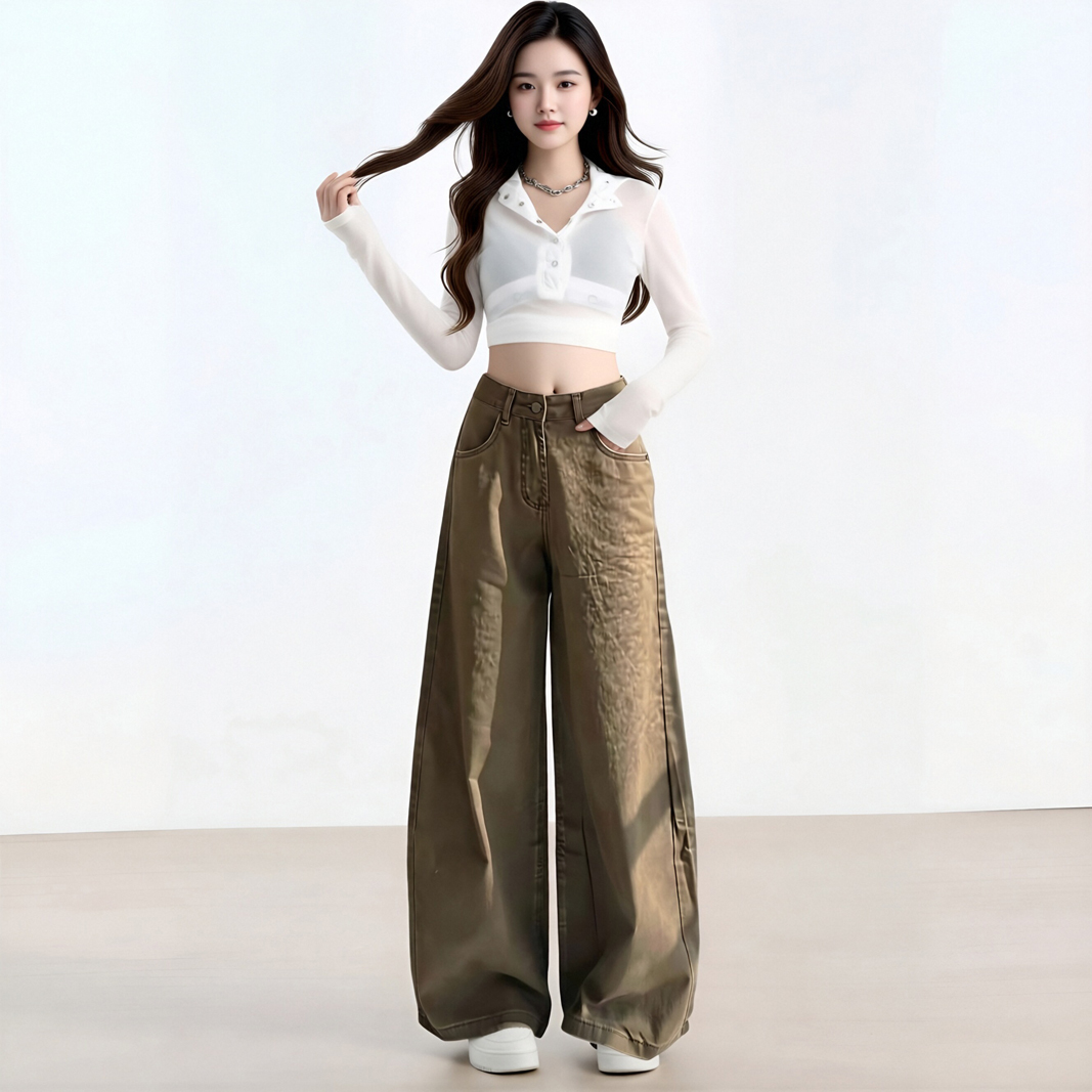 아름다움 라드. 브라운 커피 색상 대 넓은 다리 청바지 여성 봄 여름 새로운 하이웨이스트 루즈핏 표지 고기 바닥 청소 긴 바지