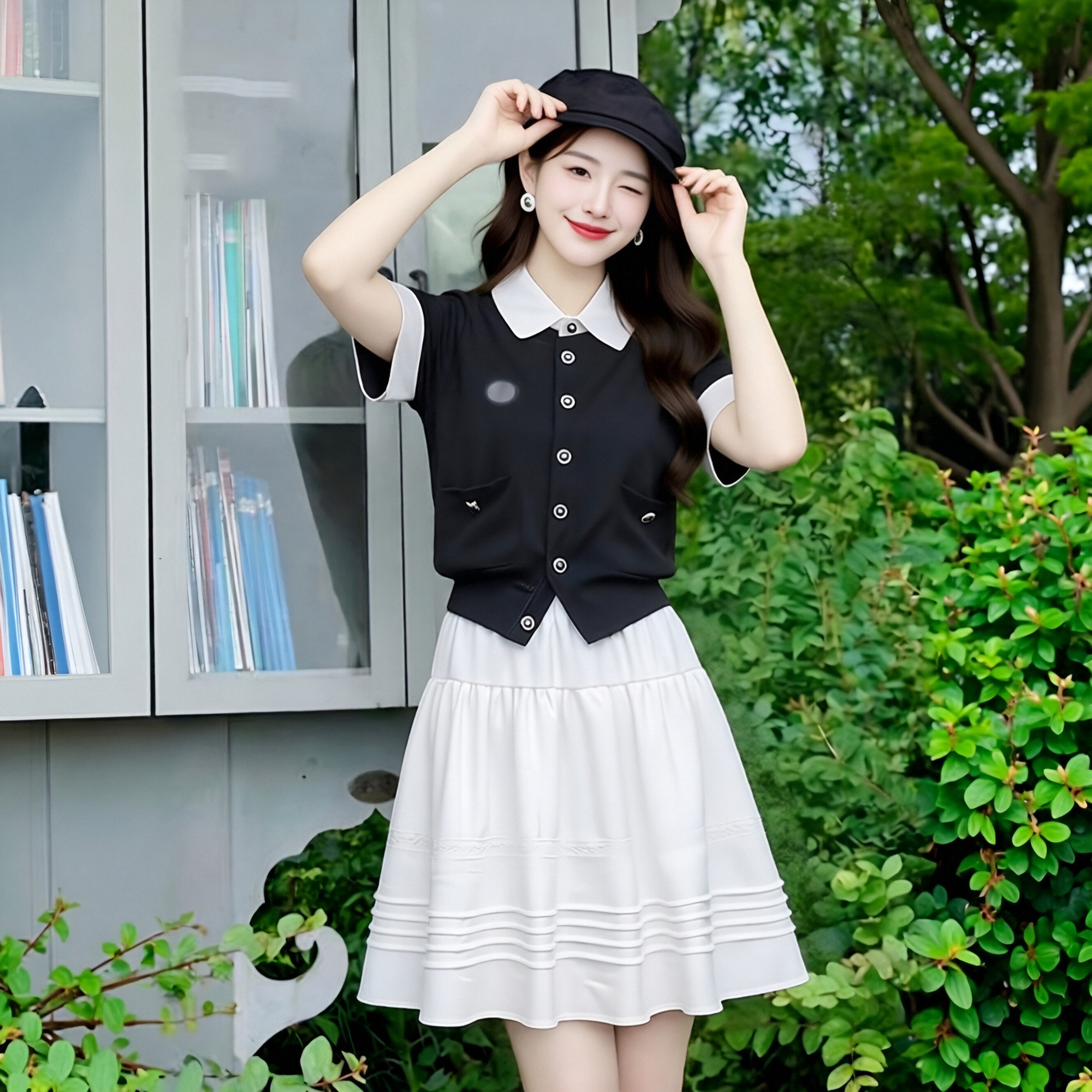 새로운 부드러운 ootd 품격 착용 가져 가라. 페이크 레이어드 반팔 맨위 화이트 반신 미니 스커트 여성의 아파트 꿀 투피스 슈트