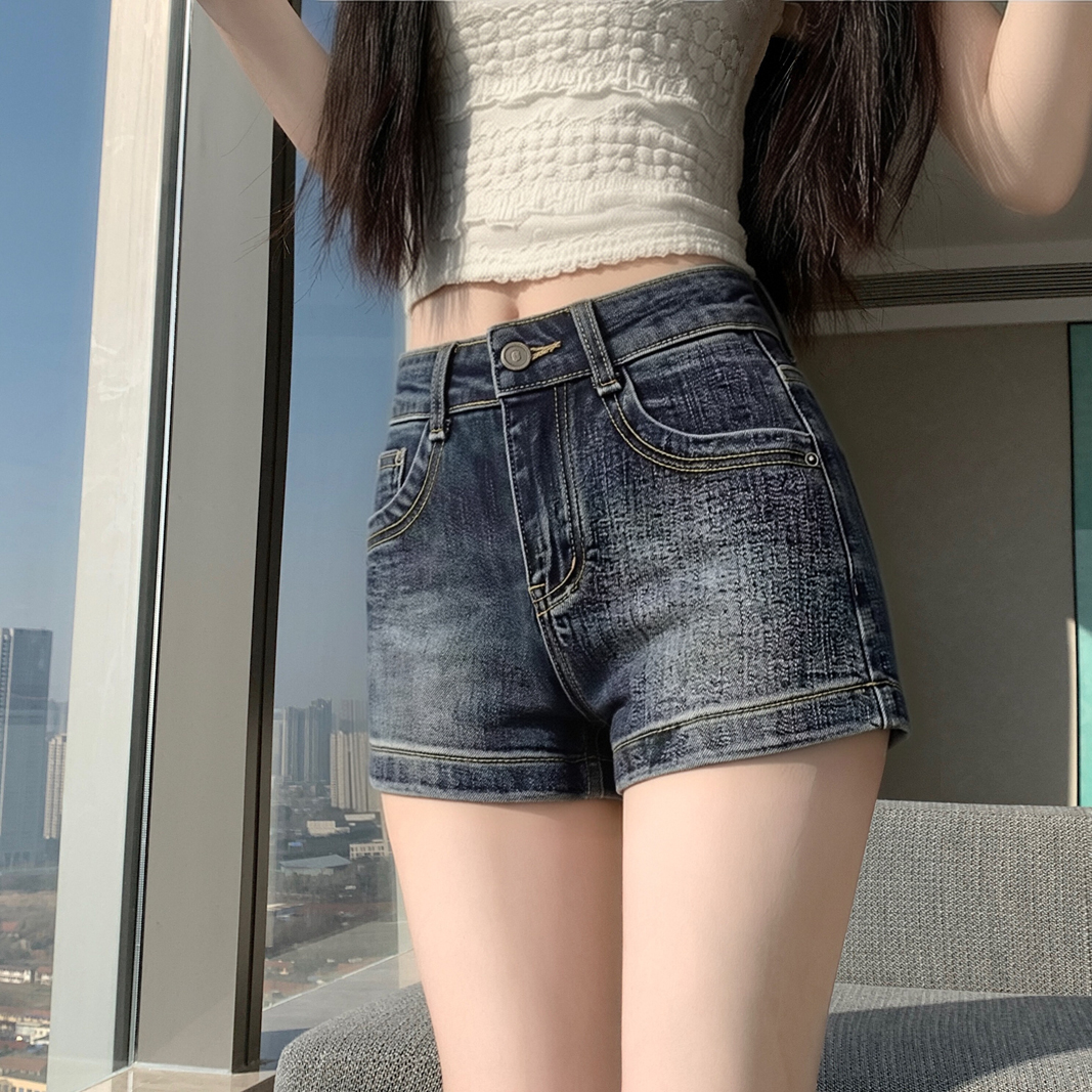 안개 안개 블루 레트로 워싱 신축성 스트레이트 데님 반바지 여성 봄 여름 새로운 다용도 슬림해 보이는 섹시함 타이트 스커트 핫 바지