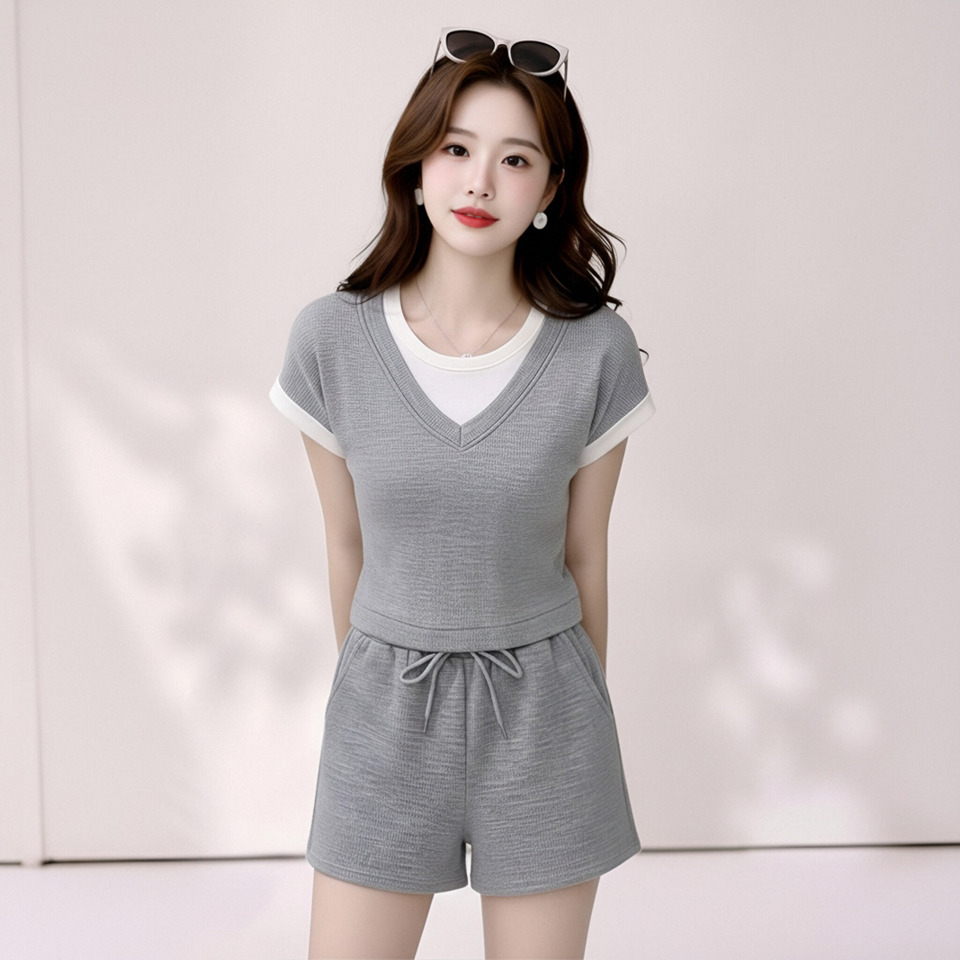 RY7542# 夏季新款休闲运动服套装女夏新款宽松假两件T恤短裤两件套