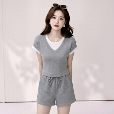 批发夏季新款休闲<b class='q'>运动服</b>套装女夏新款宽松假两件T恤短裤两件套
