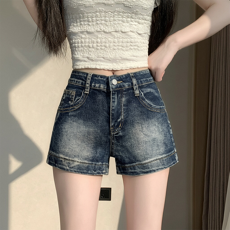 RY7541# 实拍  雾霾蓝复古水洗弹力直筒牛仔短裤女显瘦性感包臀热裤