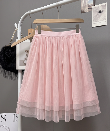 실사 빅 사이즈 여성 의류 부드러운 핑크색 Tulle 반신 스커트 여성 슬림해 보이는 루즈핏 우산 치마 표지 넓적 다리 다용도 한 마디 중간 스커트