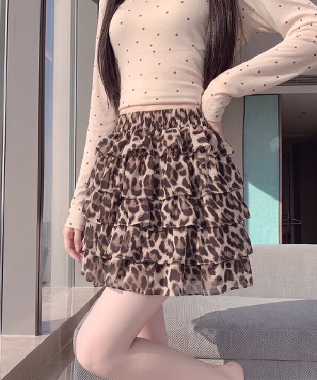 실사 레오파드 무늬 반신 스커트 여성 봄 새로운 여성 의류 퍼프 스커트 케이크 드레스 미니 스커트 하이웨이스트 A라인 스커트 반 스커트