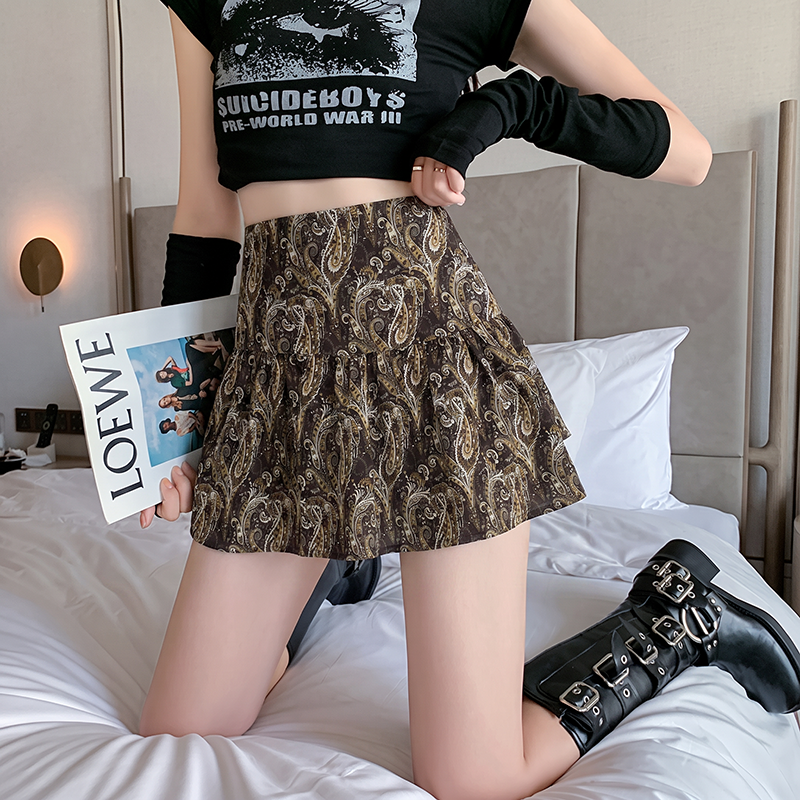 棕色高腰短款A字裙女休闲百搭遮胯显瘦印花半身裙 服裝批發女裝批發服飾貨源