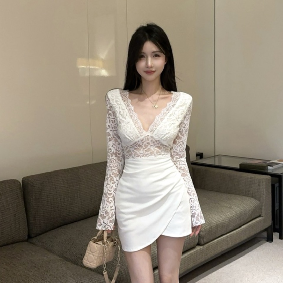 MY12812# 性感短款打底长袖蕾丝拼接包臀连衣裙女裝貨源服裝批發