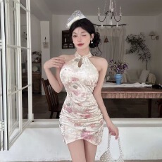 批发实拍弹力改良旗袍包臀<b class='q'>露背</b>短款打底金丝绒印花<b class='q'>连衣裙</b>