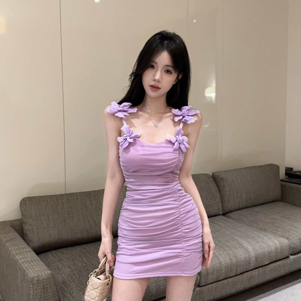 MY15295# 低胸网纱花朵拼接弹力包臀短款打底吊带连衣裙女裝貨源服裝批...