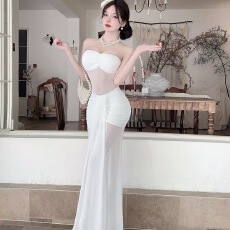 批发实拍控2性感长款网纱拼接吊带打底连衣裙