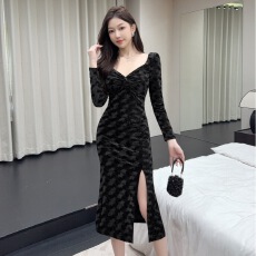 批发实拍长款金丝绒长袖打底<b class='q'>礼服</b>连衣裙