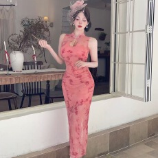 批发实拍改良旗袍长款紧身蕾丝打底连衣裙