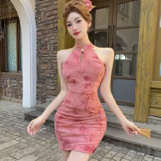 批发实拍低胸网纱植绒露肩改良短款旗袍<b class='q'>连衣裙</b>