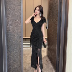 批发实拍低胸飞飞袖闪光面料长款打底短袖连衣裙