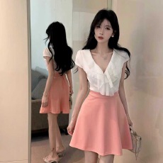 批发实拍性感v领雪纺拼接撞色收腰大摆连衣裙