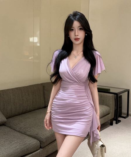 실사 망사 Feifei 소매 타이트 스커트 타이트 술 패치워크 드레스 복장