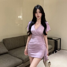 批发实拍网纱飞飞袖包臀紧身流苏拼接<b class='q'>打底连衣裙</b>