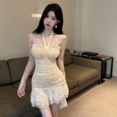 批发实拍性感低胸抹胸挂脖吊带荷叶边短款打底<b class='q'>连衣裙</b>