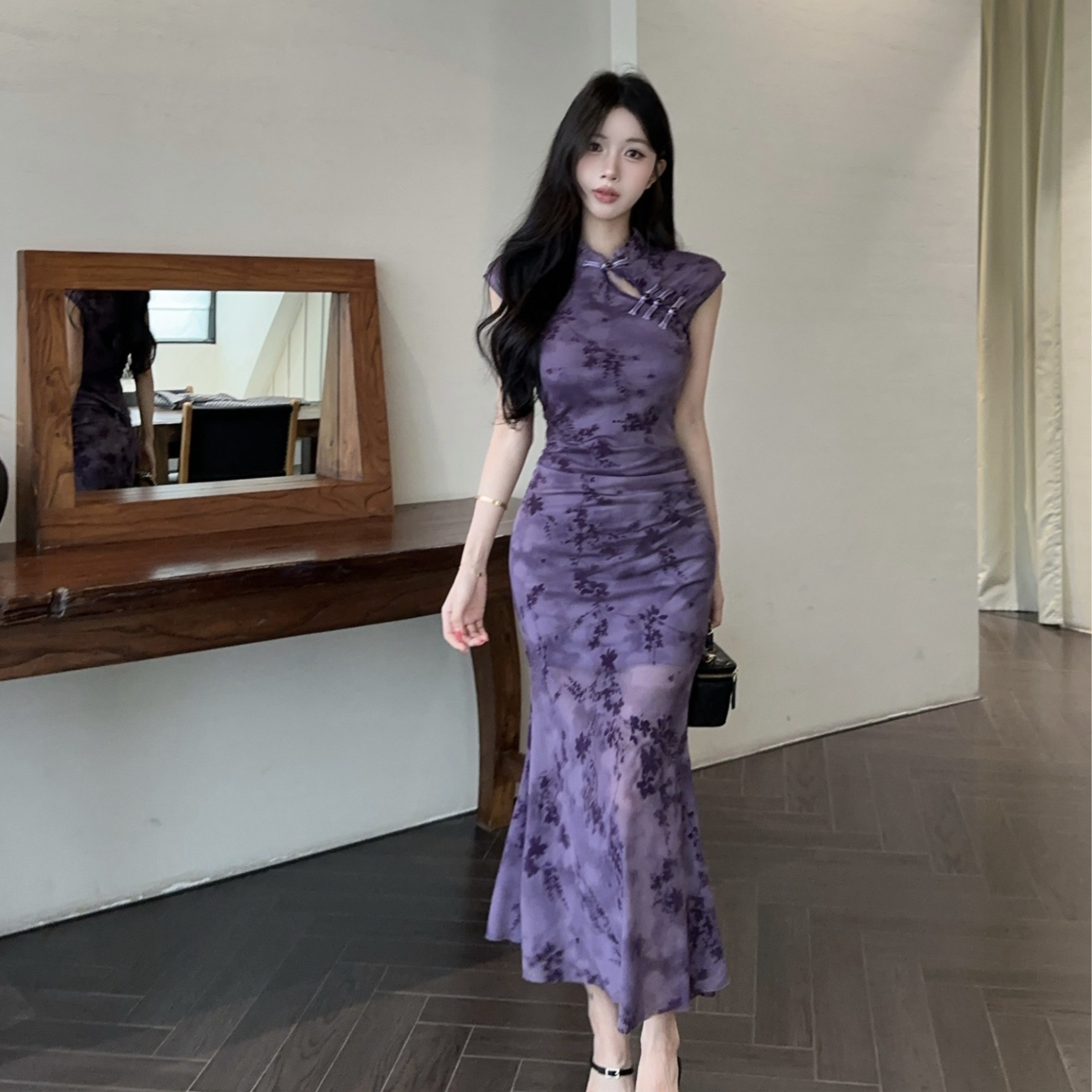 RY3961# 实拍蕾丝长款改良旗袍打底连衣裙